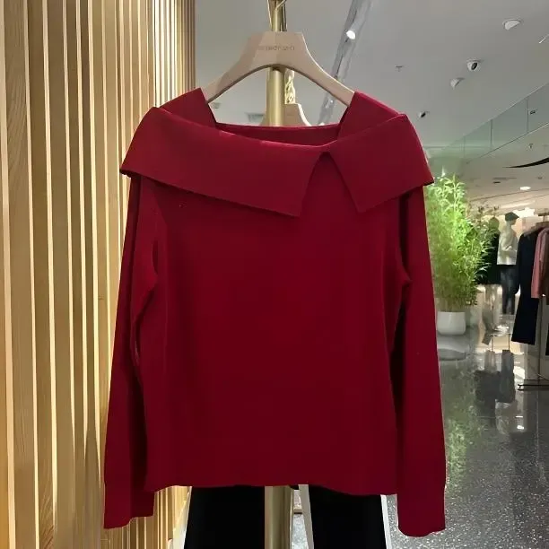 声雨竹1S702秋冬新款红色一字领毛衣针织衫时尚百搭气质上衣潮流