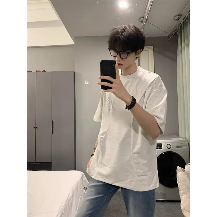 cleanfit穿搭解构短袖男夏季boxy硬挺正肩T恤美式重磅高街五分袖