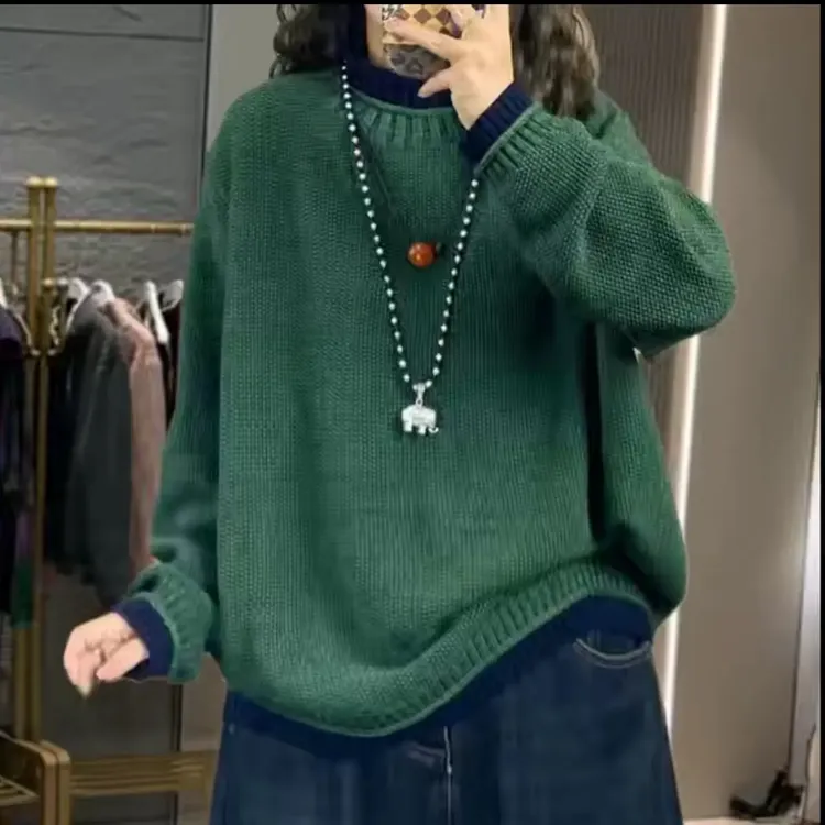 冬季加厚圆领套头针织衫宽松百搭撞色条纹时尚休闲长袖打底衫