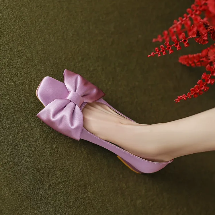 怀鸢巨舒服~绸缎方头蝴蝶结单鞋女2025通勤低跟奶奶鞋