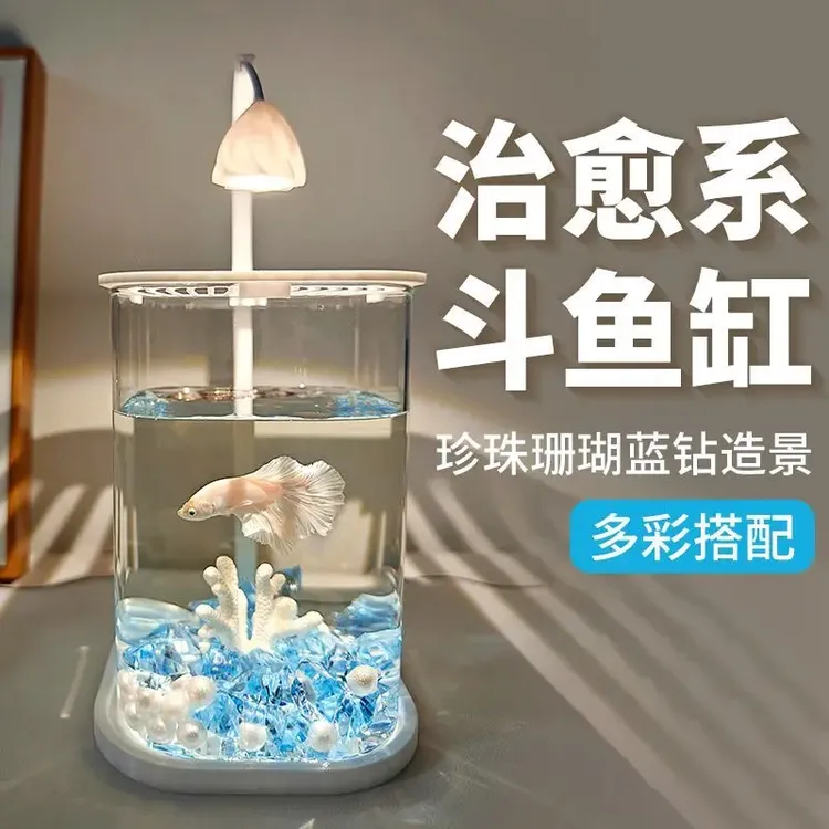 2025新款斗鱼缸小型玻璃缸客厅桌面观赏鱼造景办公室雅观工位鱼缸