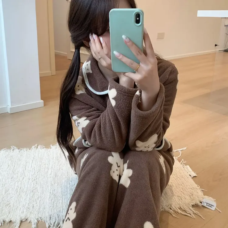 秋冬新款雪粒绒加绒宽松显瘦甜美风可外穿家居服套装