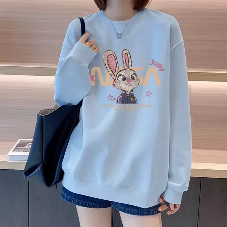 蓝色圆领卫衣女百搭加厚新款爆款时尚洋气秋冬宽松休闲女款上衣