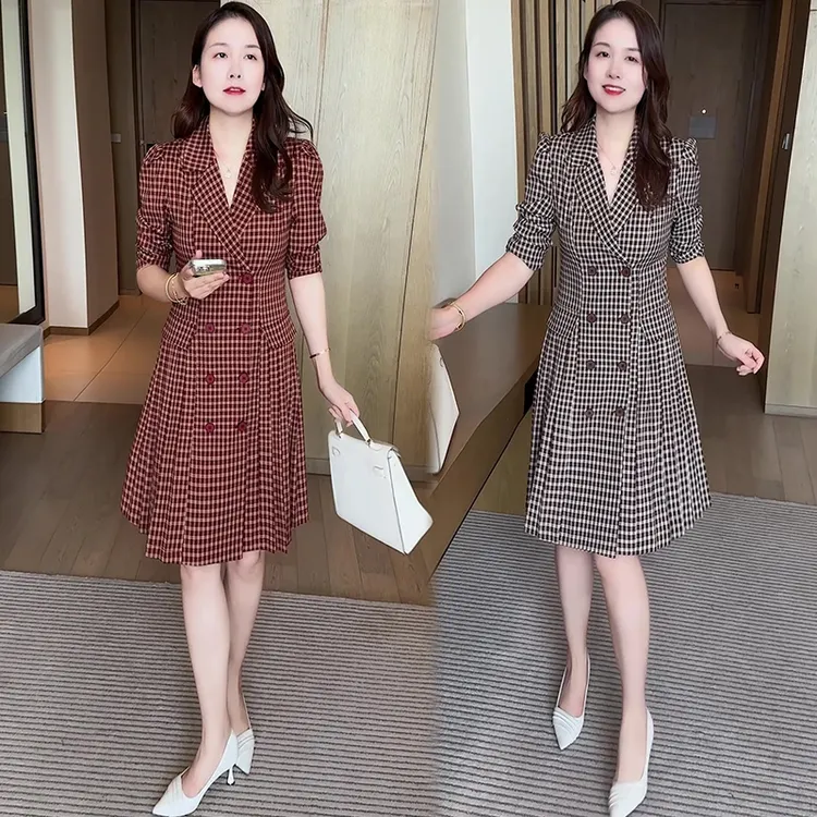 连衣裙B7145  2025秋季气质格纹中长裙女气质职业修身显瘦西装裙