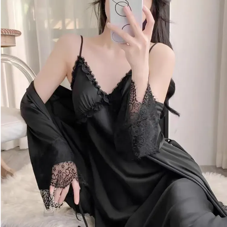 梵希女吊带长袖睡裙蕾丝网纱睡衣睡袍吊带裙连衣裙