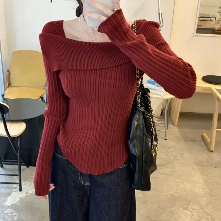 法式高级感不规则一字肩长袖针织衫女秋冬毛衣修身内搭打底衫上衣