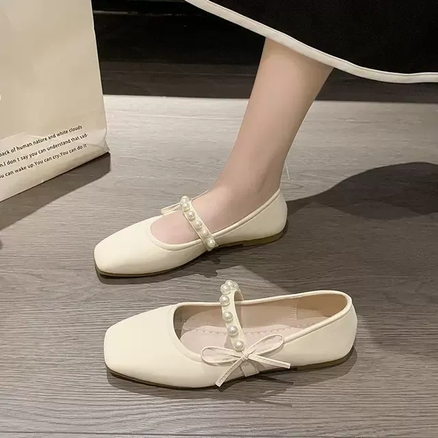 玛丽珍单鞋女2025年春季新款法式温柔珍珠蝴蝶结配裙子平底豆豆鞋