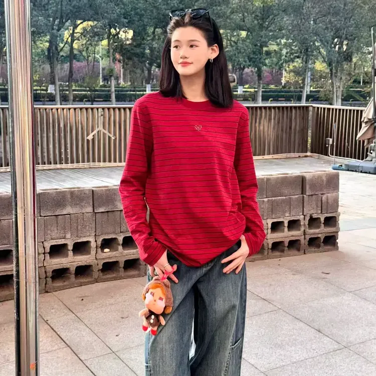 GIRDEAR/哥弟1300866新款秋冬气质慵懒感时尚条纹百搭休闲长袖T恤