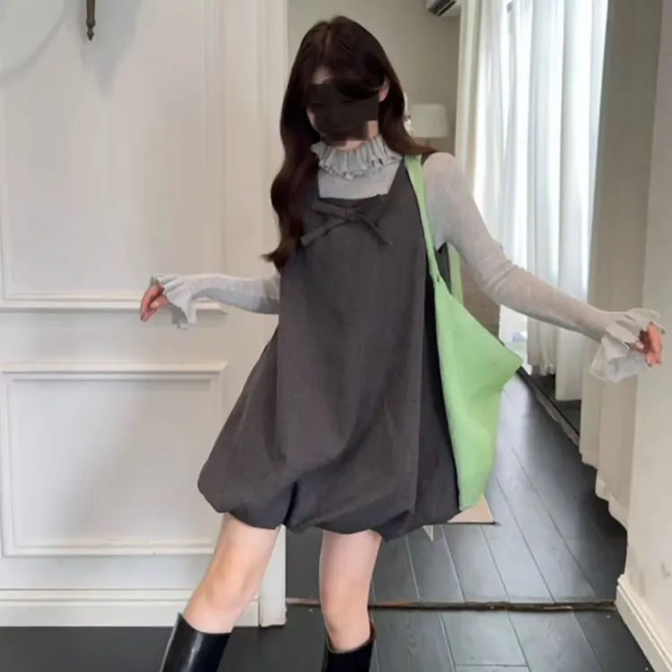 韩系甜美蝴蝶结花苞连衣裙秋冬时尚女装搭配长袖打底衫