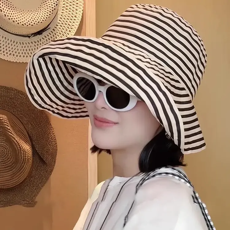 日系可折叠夏季条纹渔夫帽女新款长防晒帽子时尚盆帽大头围太阳帽