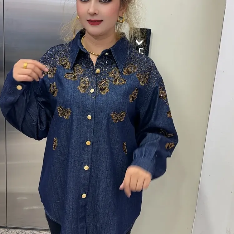 秋季复古风刺绣蝴蝶牛仔翻领长袖宽松衬衫外套