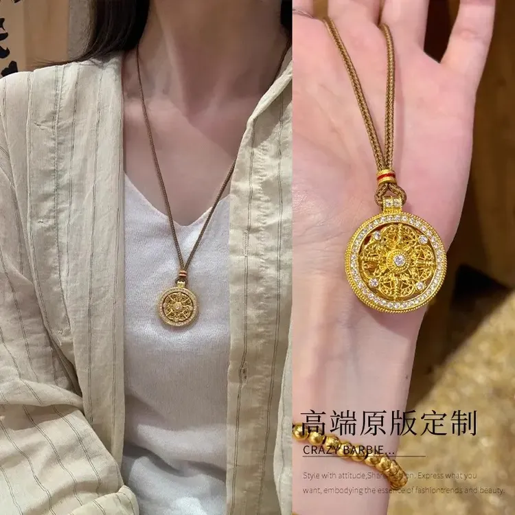 铜合金吊坠 韦雪同款镶钻八宝罗盘项链圆形吊坠编绳毛衣链高级感