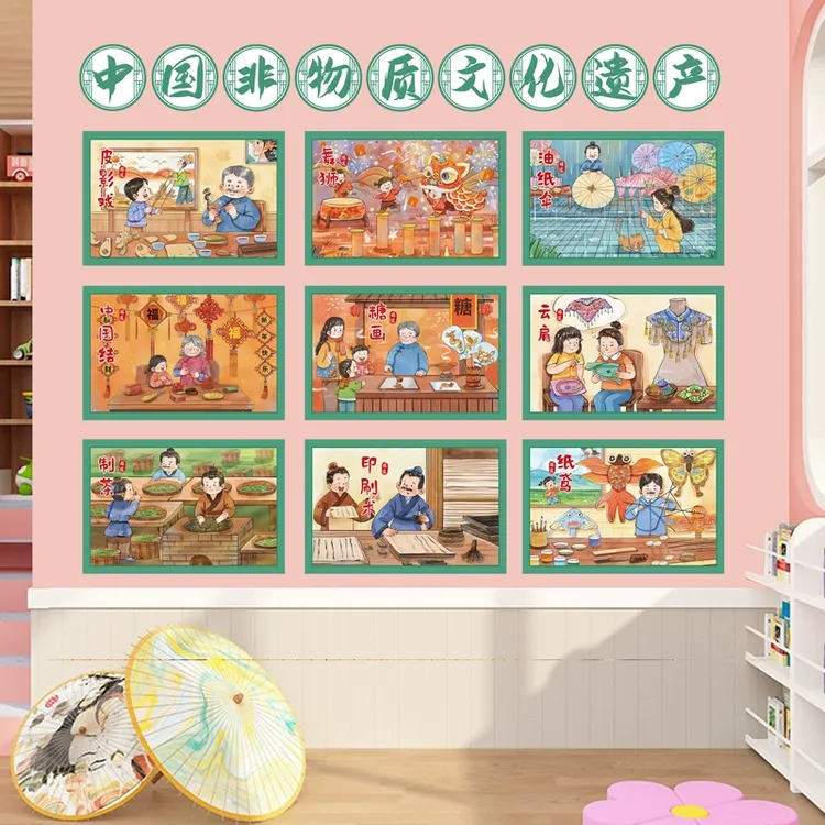 学校非物质传统文化遗产文创卡通水彩风环创班级走廊主题成品墙贴