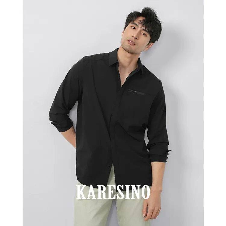KARESINO夏季新款男士设计感小众休闲衬衣时尚百搭黑色衬衫男长袖