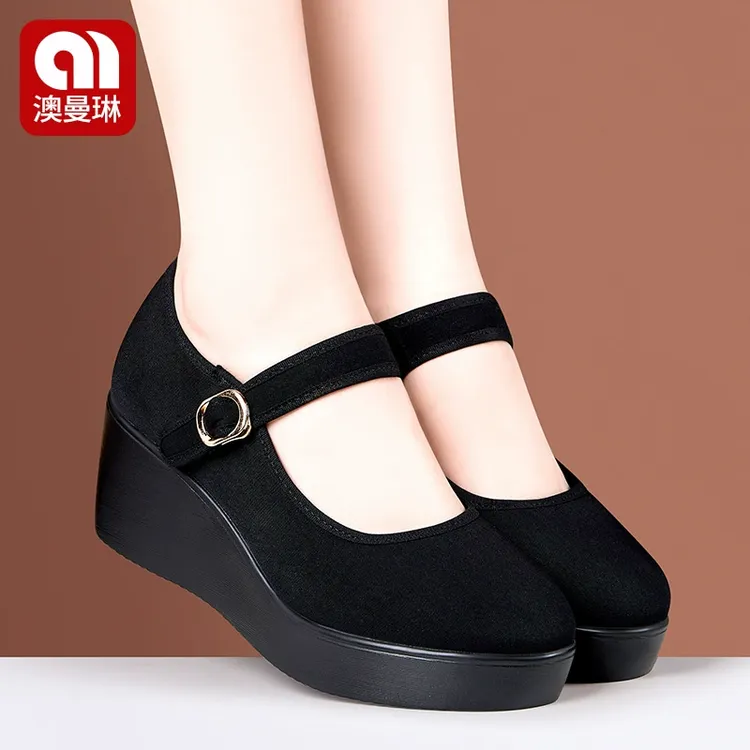 不累脚老北京布鞋舒适百搭中跟超厚底妈妈鞋坡跟防滑软底工作鞋子