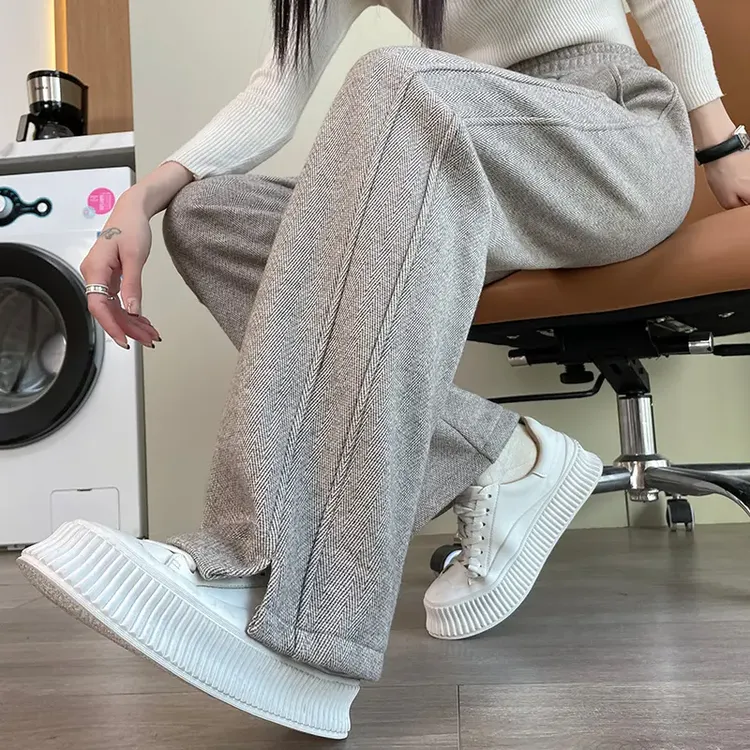 【现货+运费险】人字纹毛呢开叉香蕉阔腿裤秋冬加绒加厚九分休闲裤