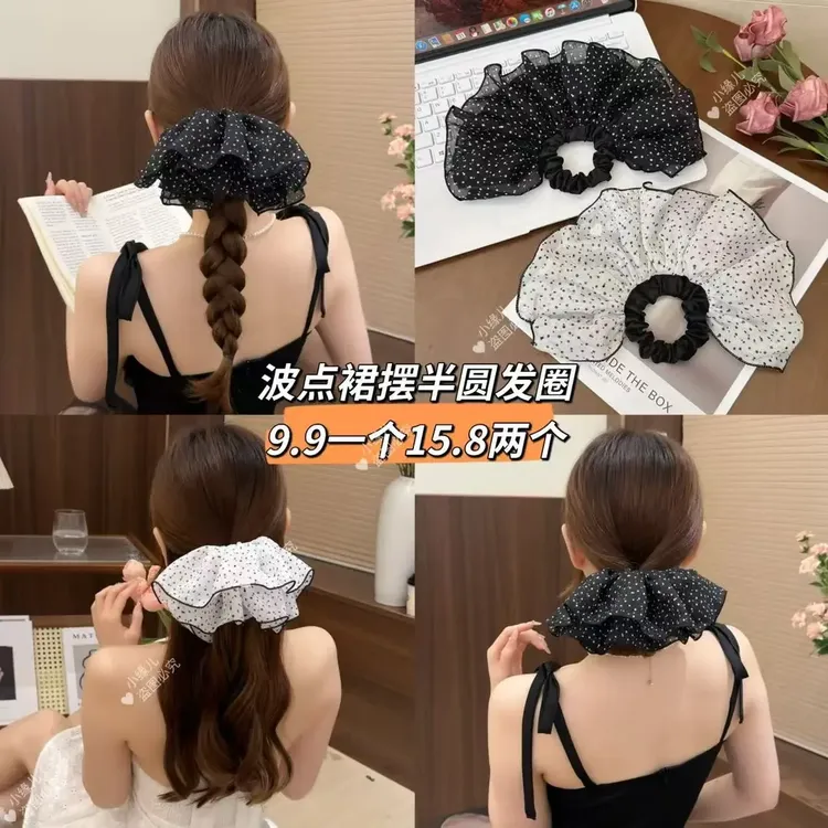 复古波点半圆设计蝴蝶结发绳气质扎马尾肥肠圈高级感发圈