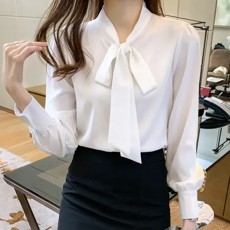 春秋装2025年新款时尚白色衬衫女长袖飘带气质缎面上衣工作服百搭