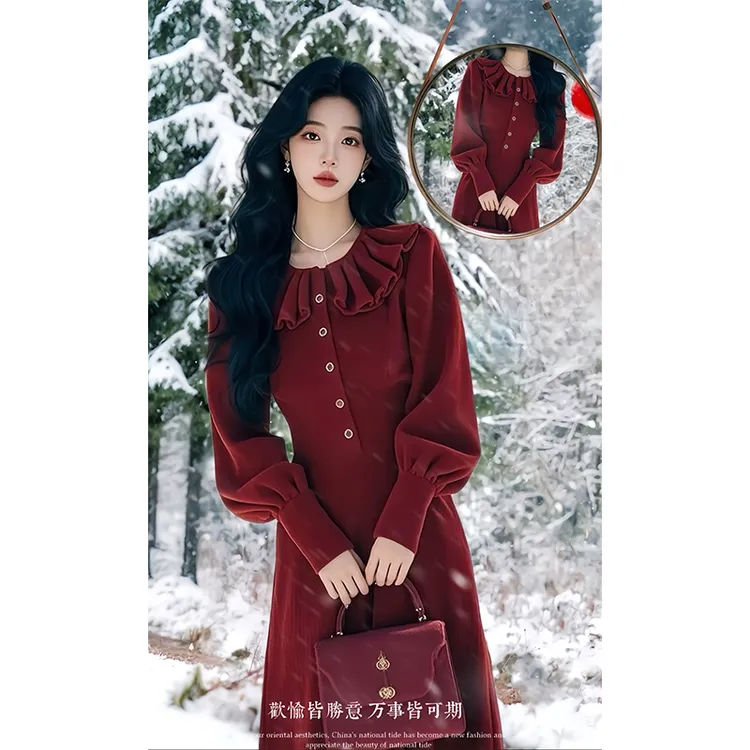 高级感荷叶领灯笼袖红色针织连衣裙2025春季新款女装胖mm显瘦长裙