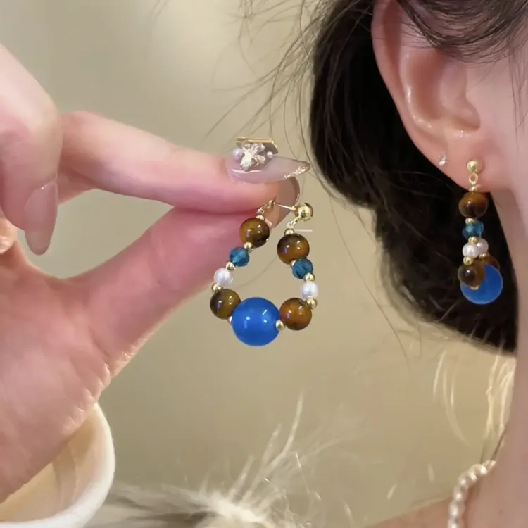 铜合金仿珍珠耳饰 星辰大海~复古蓝色串珠眼石耳环女民族风耳环