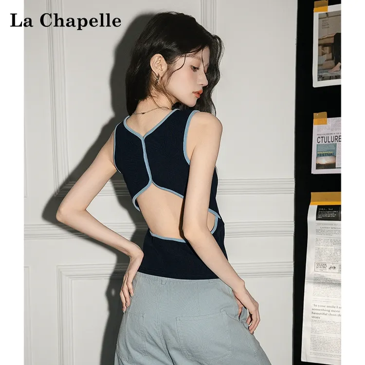 拉夏贝尔夏季无袖吊带背心女纯欲修身藏蓝拼接露背设计感美背上衣