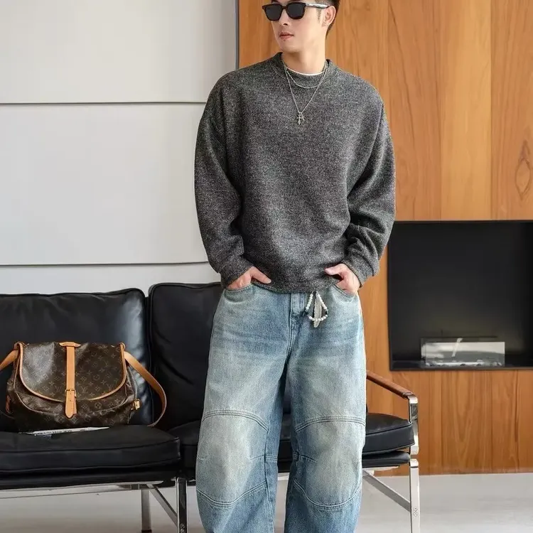 25秋冬季男士圆领肌理感长袖韩版复古潮流合身款休闲套头卫衣