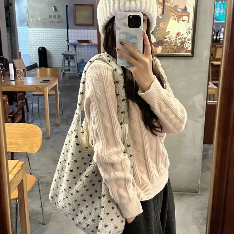 「Ohyoudo」ins风爱心羊羔毛绒托特包/大容量百搭秋冬通勤单肩包