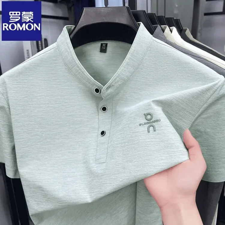 罗蒙百搭男装时尚百搭立领短袖冰丝中年夏季款潮流休闲半袖polo衫