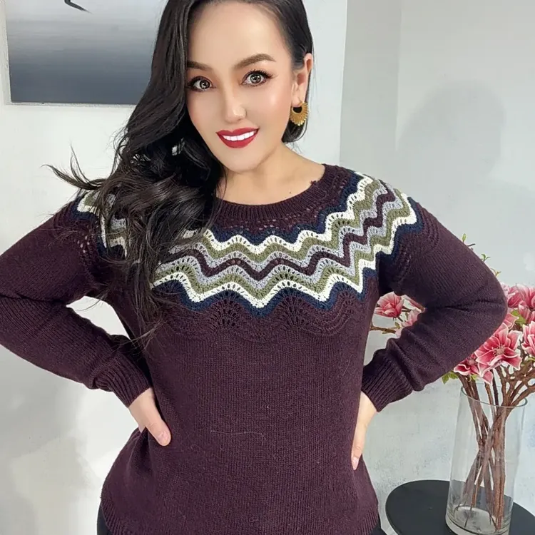 圆领拼色长袖毛针织衫女秋冬慵懒风韩版宽松百搭复古毛衣上衣