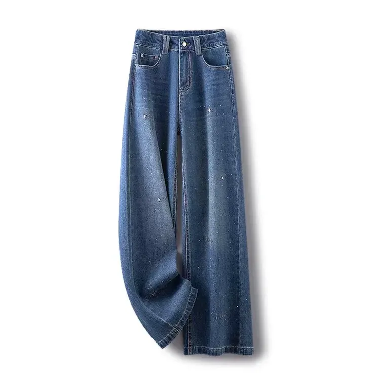 烫钻窄版阔腿牛仔裤女2025春季新款爆款直筒裤宽松显瘦高腰阔腿裤