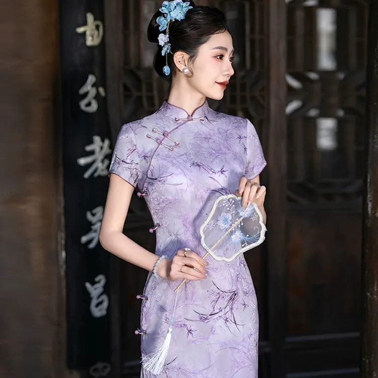 新中式旗袍高端2025夏季老上海日常可穿素雅国风礼服气质紫色长裙