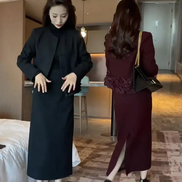 2025秋冬新款高级感时尚套装女花边外套西服中长款半身裙两件套潮