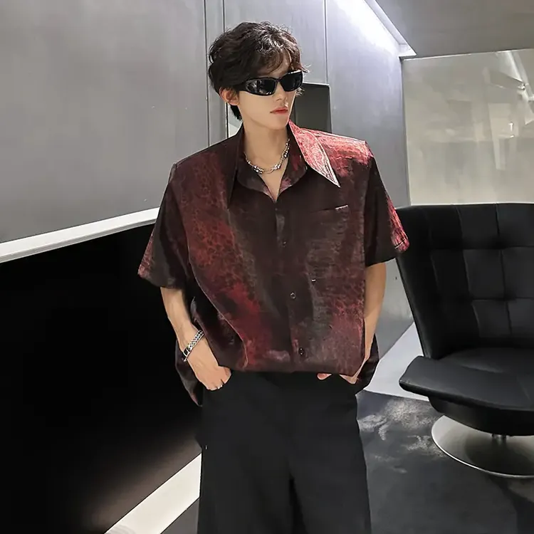 vintage豹纹垫肩短袖衬衫男夏季美式潮牌痞帅高级感半袖衬衣外套