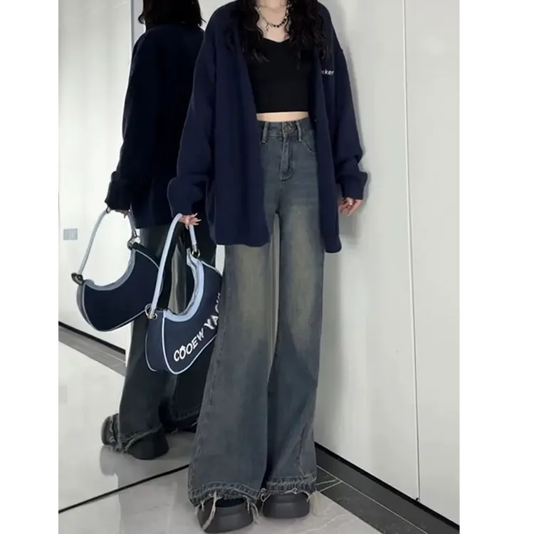 不贴腿微喇牛仔裤女2025年新款高腰显瘦大码毛边设计感阔腿喇叭裤