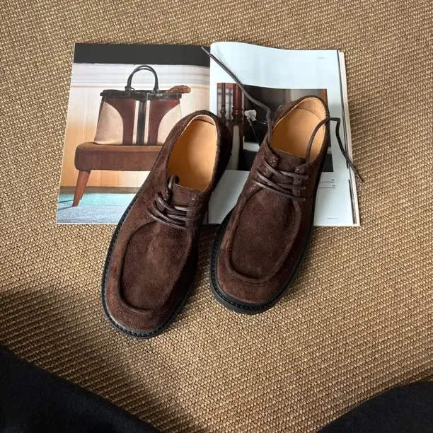 新款复古老钱风牛反绒德比男鞋摩羯咖色休闲百搭软底系带男鞋