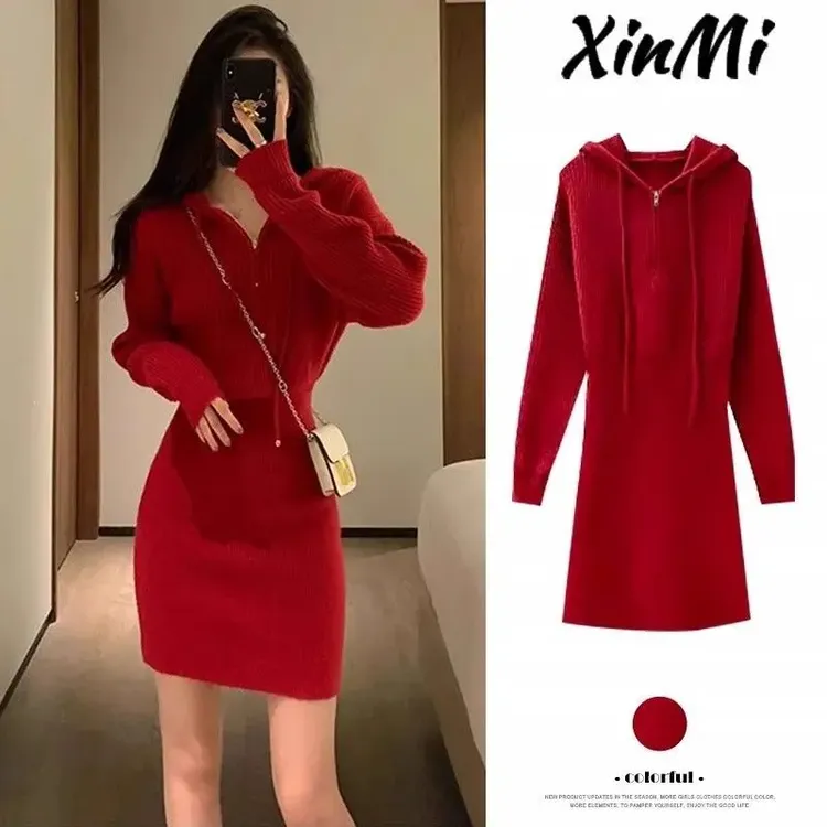 新年穿搭一整套2024新款安可拉红新年战袍小香风漂亮红色连衣裙子