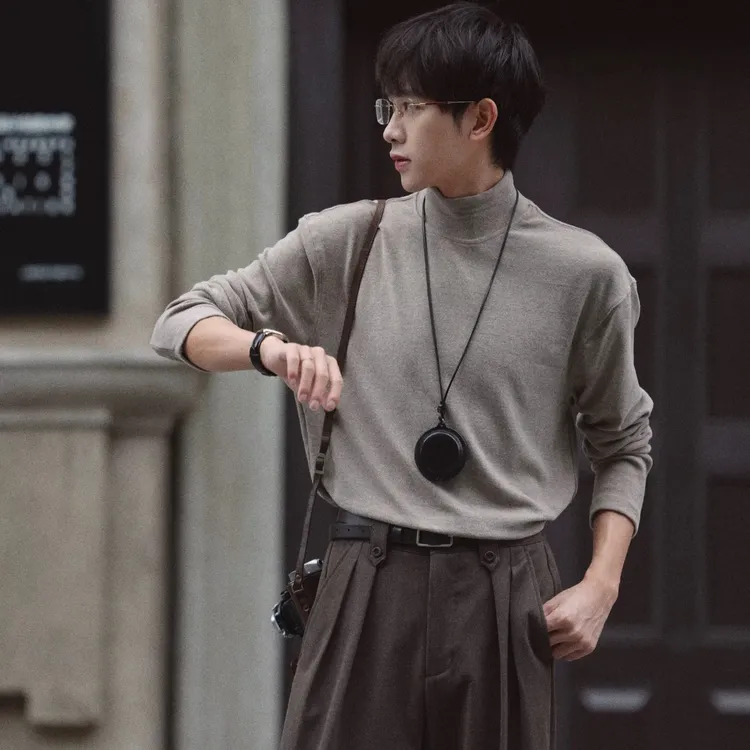 老钱风米杏色半高领长袖T恤男秋冬季弹力修身内搭打底衫保暖上衣