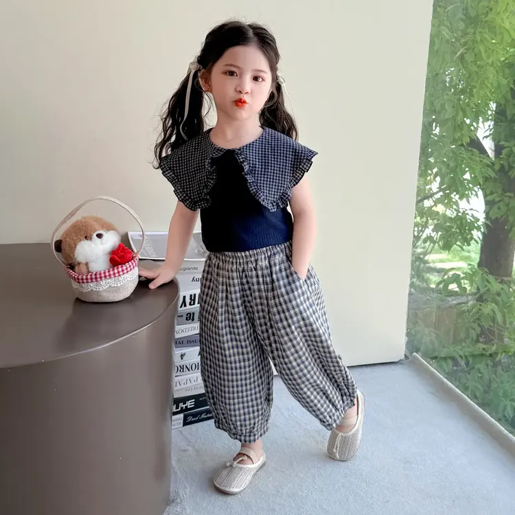 女童娃娃领套装2025新款儿童夏装韩版洋气女宝宝夏季格子两件套潮