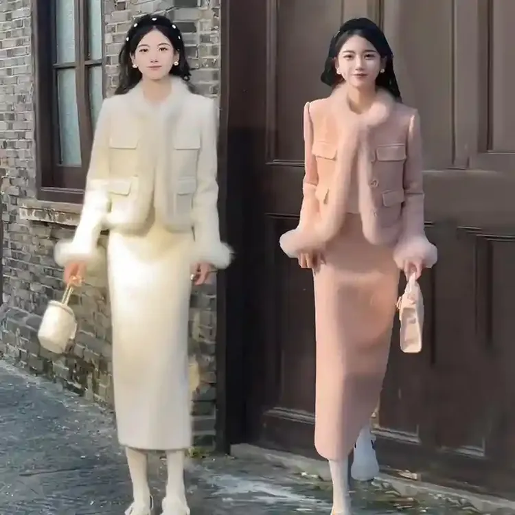 温婉淑女时尚国潮套装裙女冬季新款洋气文艺复古半身裙加厚两件套