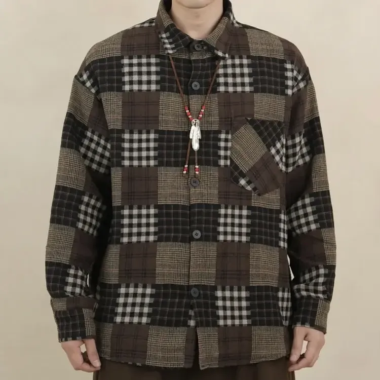 秋冬复古格纹长袖休闲宽松衬衫男女通用潮流外套