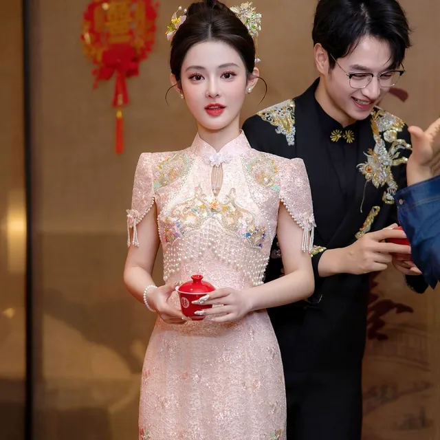 新中式粉色旗袍敬酒服2025新款夏季重工高级新娘订婚礼服回门服女