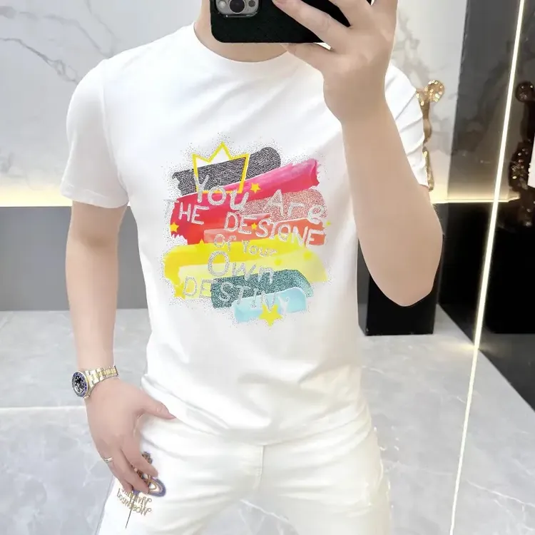 印花烫钻圆领纯棉显瘦T恤男士穿搭夏季男装轻奢潮牌流行修身短袖