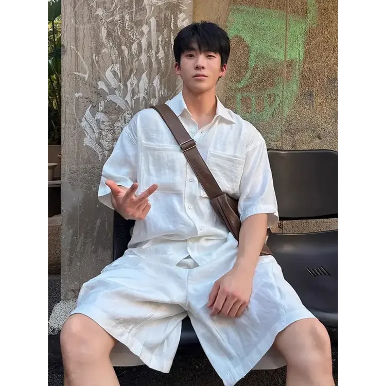 大码300斤美式痞帅工装衬衫套装男士夏薄款老钱风上衣短裤一整套