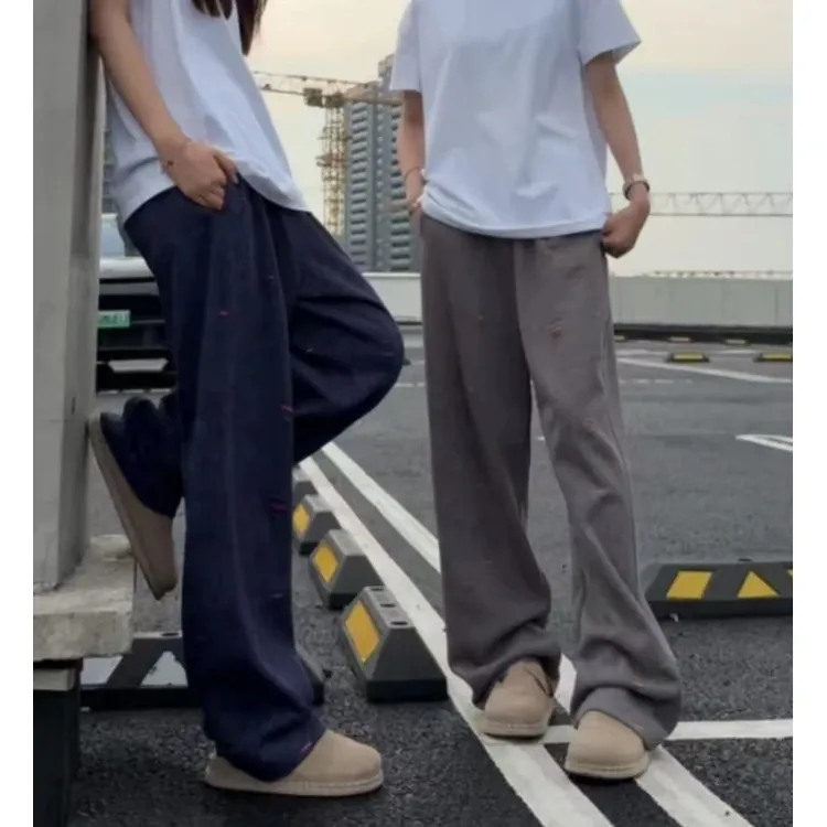 美式撞色做旧休闲裤男早秋新款重磅弯刀卫裤设计感宽松运动直筒裤