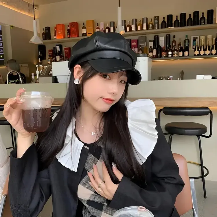 黑色贝雷帽女2025新款春秋大头围皮帽pu皮质八角帽英伦鸭舌帽子