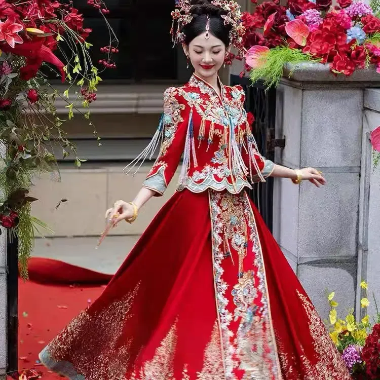 秀禾服婚服2025新款新娘出阁接亲中式嫁衣珠绣撞色