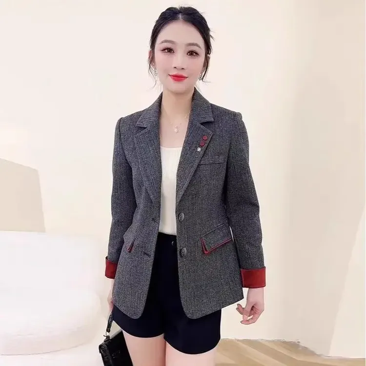 时尚休闲小西装毛呢格子韩版上衣春秋