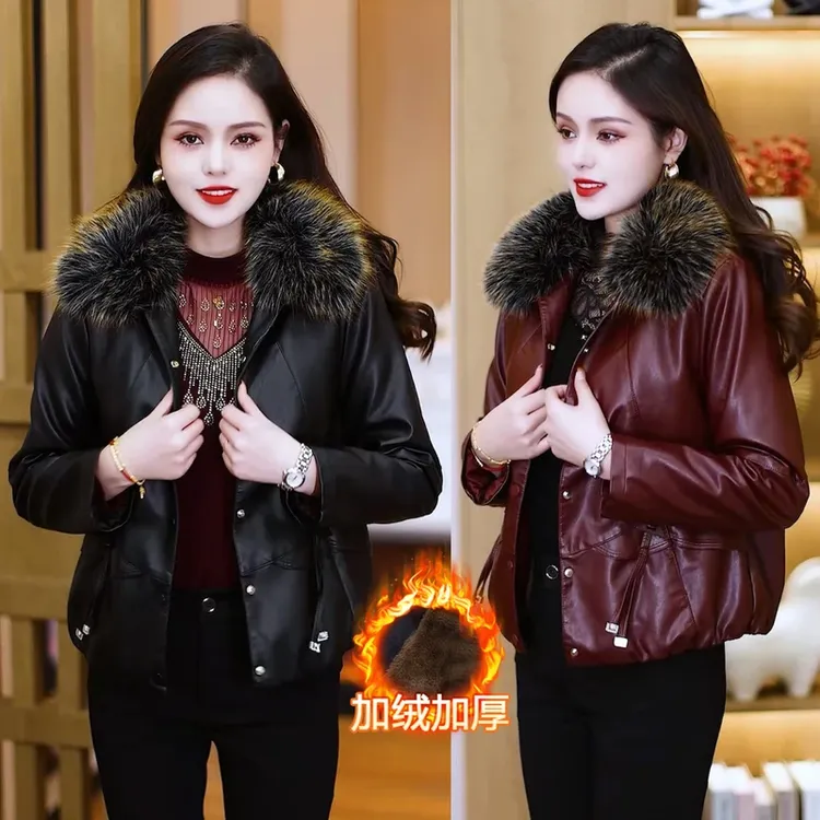 【加绒带毛领款】2025冬季海宁皮衣短款时尚皮衣女加厚夹克带毛领