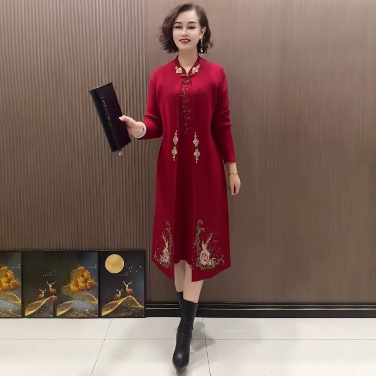 80155气质妈妈喜服针织红色裙子外套秋冬长款假两件连衣裙喜婆婆