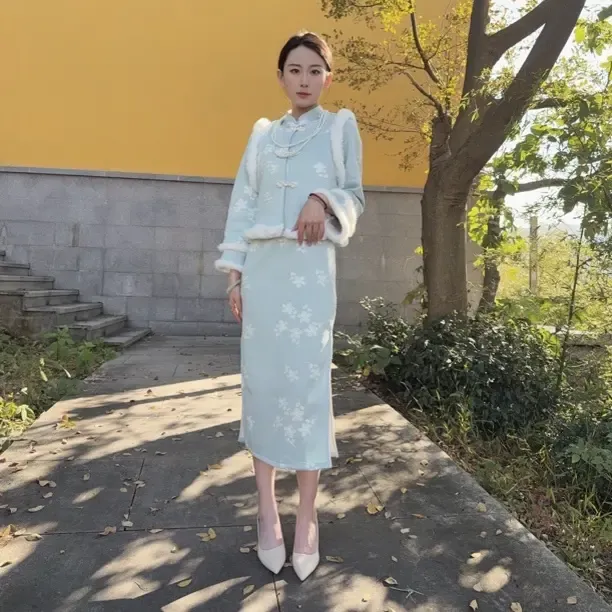 新中式国风改良旗袍连衣裙女秋冬季古着蓝色加绒加厚气质裙子